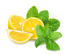 Fresh Lemons And Green Mint Leaves On White Background