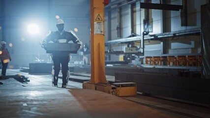 Fototapete - Black African American Engineer is Testing a Futuristic Bionic Exoskeleton and Picking Up Metal Objects in a Heavy Steel Industry Factory. Contractor is Heavy Lifting Steel Parts in a Powered Shell.