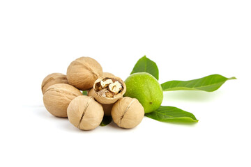 Wall Mural - Dry and green walnut fruits isolated on white background