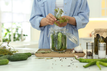 Wall Mural - Woman putting dill into pickling jar at table in kitchen, closeup