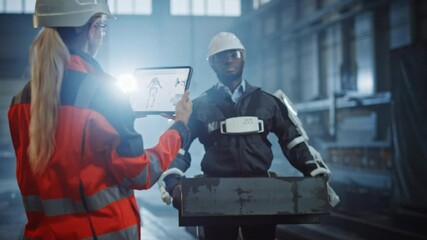 Leinwandbilder - Female Engineer is Testing Vital Components of a Futuristic Bionic Exoskeleton that Her Project Assistant is Wearing in a Metal Industry Factory. Contractor is Lifting Steel Parts in a Powered Shell.