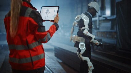 Wall Mural - Female Engineer is Testing Vital Components of a Futuristic Bionic Exoskeleton that Her Project Assistant is Wearing in a Metal Industry Factory. Contractor is Lifting Steel Parts in a Powered Shell.