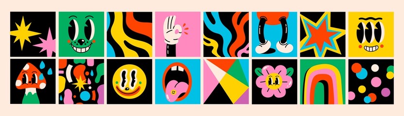 Aufkleber - Hand drawn Abstract shapes, funny cute Comic characters. Big Set of Different colored Vector illustartions. Cartoon style. Flat design. All elements are isolated. Square Posters, logo Templates 