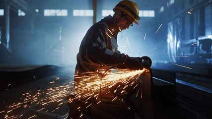Aufkleber - Heavy Industry Engineering Factory Interior with Industrial Worker Using Angle Grinder and Cutting a Metal Tube. Contractor in Safety Uniform and Hard Hat Manufacturing Metal Structures.