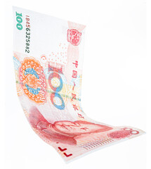 Wall Mural - Yuan banknote on white background falling, Chinese money. Renminbi or remmimbi, concept of quedra, crisis or financial problems in China's economy