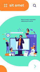 Wall Mural - teacher reading lecture online isolated flat vector illustration. students learning lesson via lapto