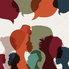 Canvas Print - Banner Poster Silhouette heads face international people in profile talking and communicating. Speech bubble. Crowd. Communication. Community. Communicate on social networks.Speak