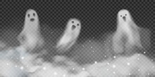 Set Of Realistic Vector Ghosts In Fog. 3d Smokes Looking Like Night Ghouls In Mystic Glittered Smoke. Halloween Illustration Of Scary Poltergeist Or Phantom