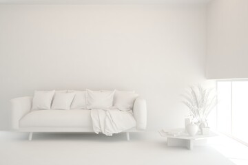 White minimalist living room with sofa. Scandinavian interior design. 3D illustration