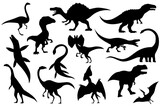 Fototapeta Dinusie - Collection silhouettes of dinosaurs skeletons. Vector hand drawn dino skeletons. Exhibit fossils in the museum. Sketch set
