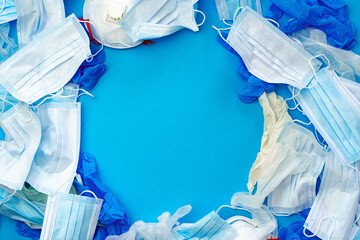 Protective equipment, masks and gloves, on blue background