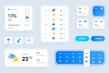 Fototapete - GUI elements for weather forecast mobile app. Temperature, atmospheric pressure, weather condition user interface generator. Ui ux toolkit vector illustration. Current and hourly forecast components.
