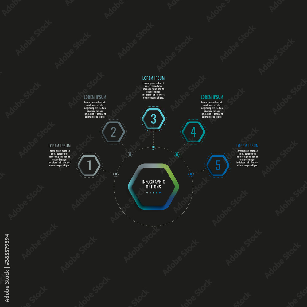 Infographic template with five hexagonal elements and text boxes on a ...