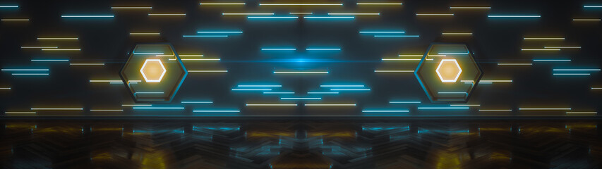 Poster - interior with neon illumination, laser lights on wall, vibrant colors, room illumination, abstract i