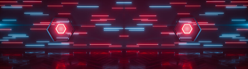 Poster - interior with neon illumination, laser lights on wall, vibrant colors, room illumination, abstract i