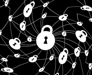 Wall Mural - Cyber security abstract illustration with white padlocks isolated on a black background