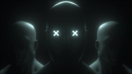 Poster - Three human head with light neon in eyes, 3d rendering. Computer generated futuristic background.