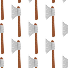 Scandinavian isolated seamless pattern with stylized warrior hatchets elements. Steel weapon with wood handle on white background.