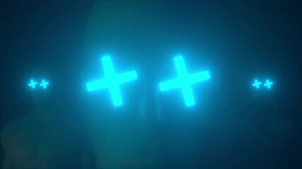 Poster - Three human head with light neon in eyes, 3d rendering. Computer generated futuristic background.