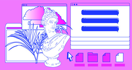 Poster - Collage of user interface elements, UI and UX theme. Trendy cover in vaporwave 80's-90's style, retrowave aesthetics.
