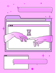 Poster - Collage of user interface elements, UI and UX theme. Trendy cover in vaporwave 80's-90's style, retrowave aesthetics.