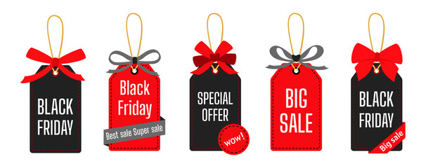 Black Friday sale tag template set. Price stickers banner of sales with ribbon, promotion price collection. Super sale and discount with bow. Isolated vector illustration