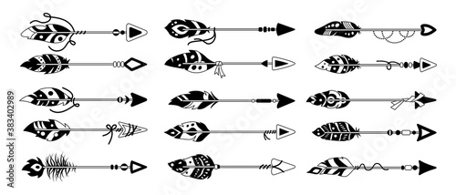 Fotografía Boho arrow with feather black glyph set