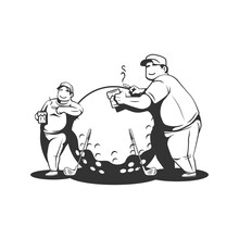 Two Fat Guys Doing Golf While Drink Beer And Smoking Cigarette. Vector Illustration