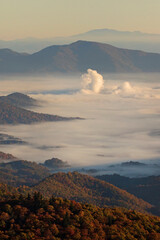 Wall Mural - Endless layers of fog and trees within the blue ridge mountains of north carolina. Overlooks give way to a sea of mountains and hills filled with fall color during colorful sunrise and sunsets.