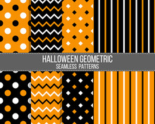 Black And Orange Halloween Geometric Seamless Patterns Set