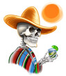 Skeleton in Mexican sombrero  holding tequila glass. Digital illustration