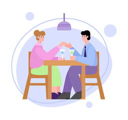 Loving couple dining together sitting at table, flat cartoon vector illustration isolated on white background. Couple relationships bonding and strengthening relations.