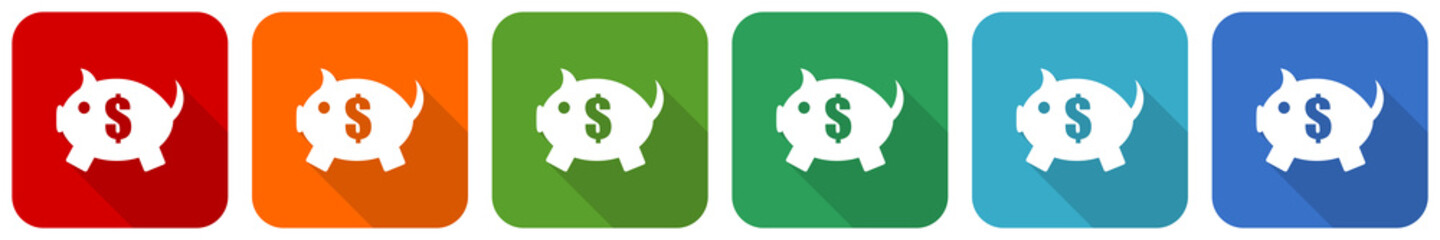 Poster - Piggy bank icon set, flat design vector illustration in 6 colors options for webdesign and mobile applications