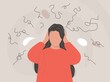 © katakari - Frustrated woman with nervous problem feel anxiety and confusion of thoughts vector flat illustration. Mental disorder and chaos in consciousness. Girl with anxiety touch head surrounded by think