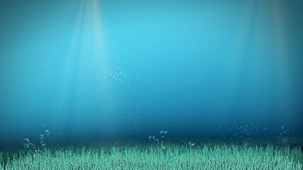 Underwater natural background with blue clean sea water. Life on the ocean floor between grass, small fish and soaring air bubbles.