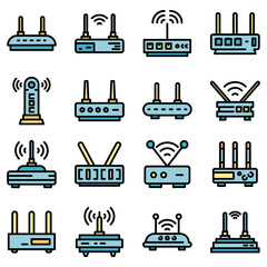 Poster - Modem icons set. Outline set of modem vector icons thin line color flat on white