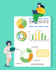 Fototapete - Two women working on statistics diagrams for report. People starting new project, business startup. Presentation of analytics graphs, financial information on board. Vector illustration in flat style