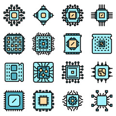 Poster - processor icons set. outline set of processor vector icons thin line color flat on white