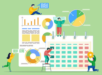 Fototapete - People working on project together. Managers try to do report in time. Big calendar with plans on month. Board with business analytics graphs, statistics diagrams. Vector illustration in flat style