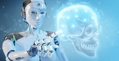 Aufkleber - Robot using digital x-ray skull holographic scan projection 3D rendering