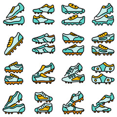 Poster - Football boots icons set. Outline set of football boots vector icons thin line color flat on white