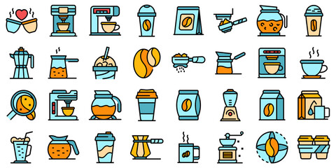 Poster - Coffee icons set. Outline set of coffee vector icons thin line color flat on white