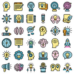Poster - Idea icons set. Outline set of idea vector icons thin line color flat on white
