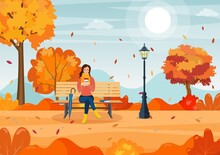 Happy Girl Sitting On A Bench With A Cup Of Coffee, Under A Tree With Falling Leaves In A Park. Beautiful Autumn City Park With Bench. Vector Illustration In Flat Style