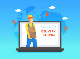 Wall Mural - Male Courier Delivering Parcel Box through Computer Screen, Online Delivery Service, E-commerce Concept Vector Illustration