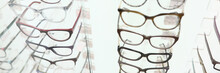 Showcase With Glasses In Optics Salon. Collection Of Stylish Frames Concept
