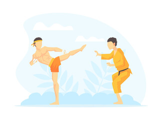 Sticker - Asian Martial Arts Fighters, Two Male Athlete Characters Competing Vector Illustration