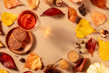 Poster - Autumn flat lay background with sweet wine, biscuits, autumn leaves, a flat lay layout with copyspace on a brown background