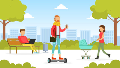 Sticker - People Walking in Park, Young Man Riding Gyro Board, Woman Pushing Pram with her Newborn Baby, Man Sitting on Bench and Working with Laptop Computer Vector Illustration