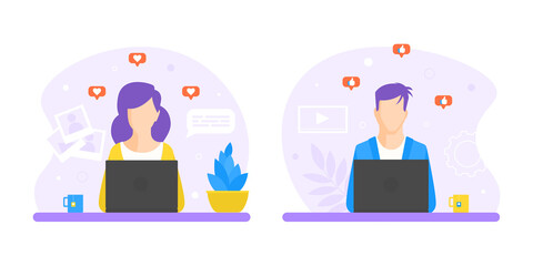 Sticker - Man and Woman Working at Desks, Office Employees Characters Sitting on Chair at Table in front of Computer Screens in Office Workplace Vector Illustration